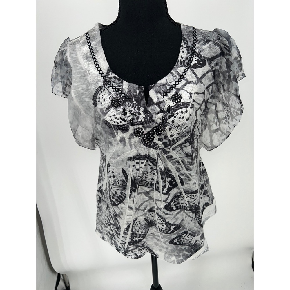 Apt. 9 Womens Petite Large Grey Butterfly Animal Print Beaded V-Neck Blouse PL